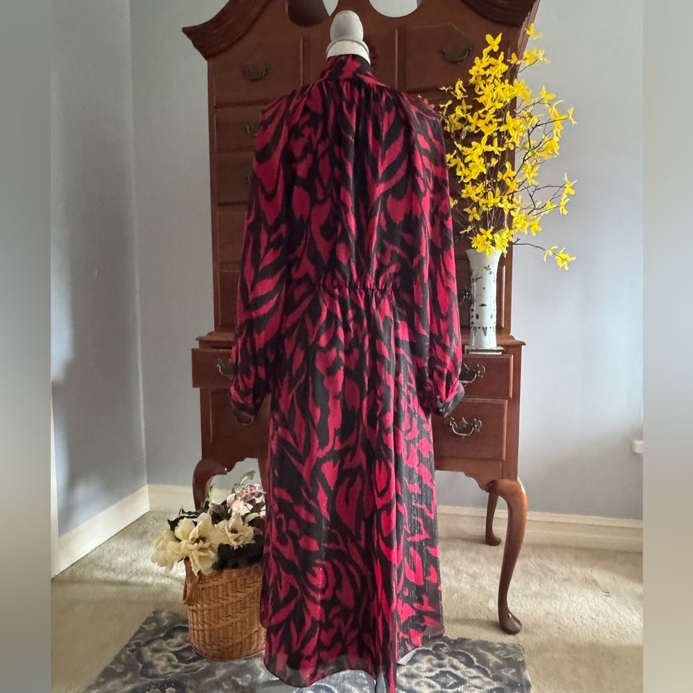 Donna Karan Women’s Chiffon Shirt Midi Red Multi Print Dress Size 12 NWT - Picture 3 of 10